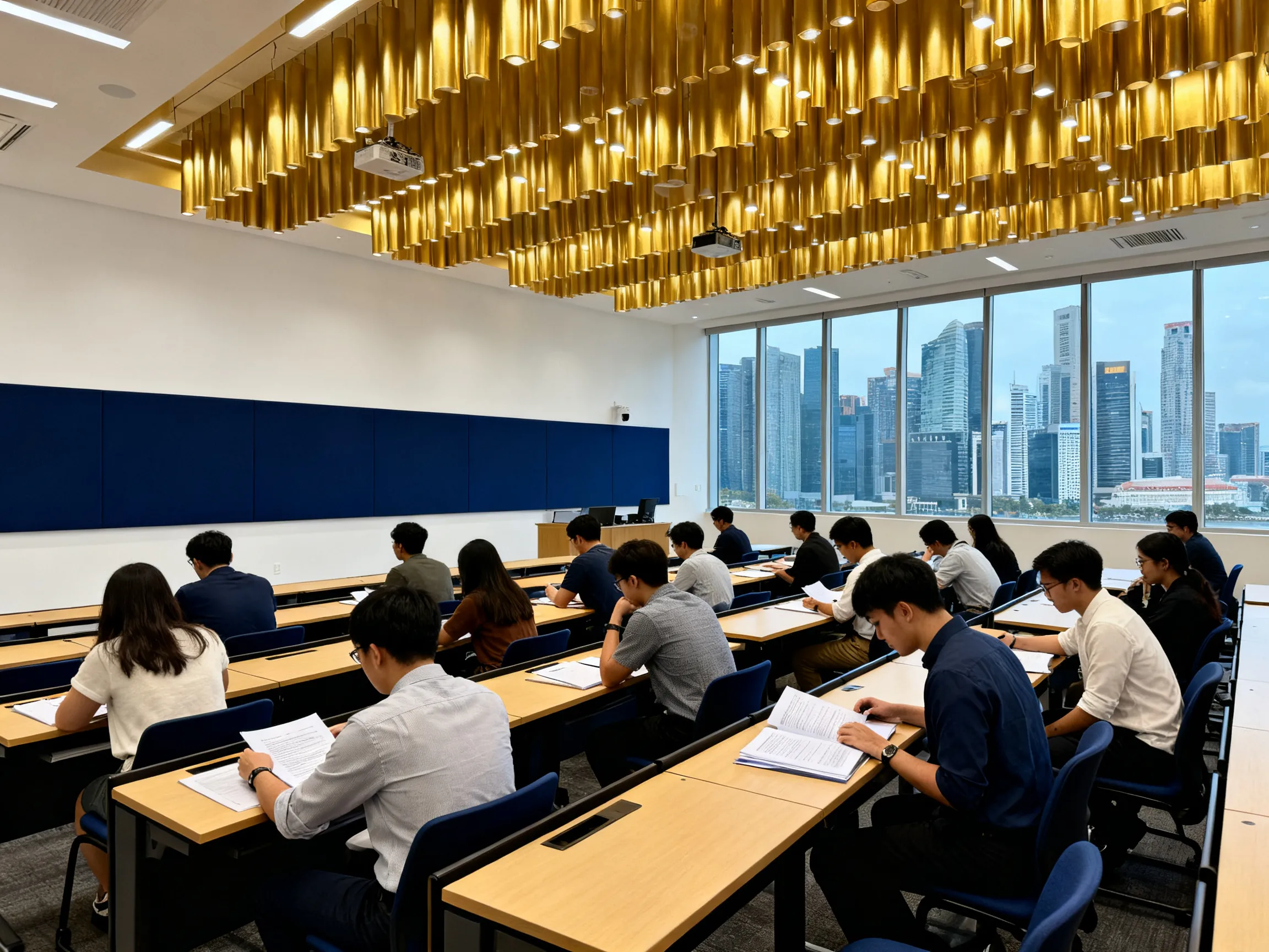Learners in a classroom overlooking the Singapore skyline